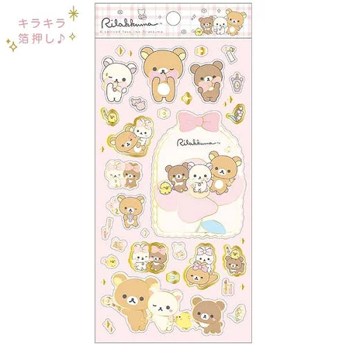 SAN-X | Chairoikoguma & Korilakkuma Gold Foil Clear Seal Sticker 200×95mm (Makeup Rilakkuma)