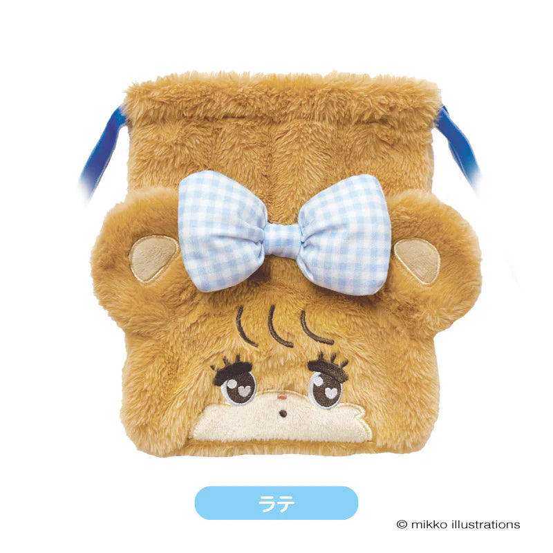 Mikko Illustrations | Mofumofu Fluffy Drawstring Bag Pouch H200xW230xD50mm (Latte Ribbon)