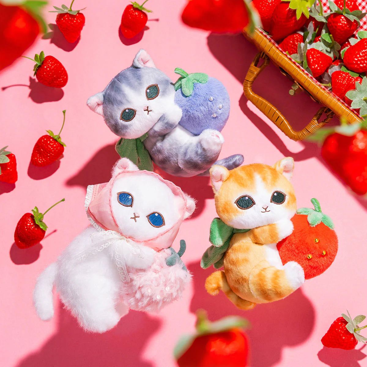 MOFUSAND | Strawberries and White Cat Mascot Holder Bag Charm Keychain 170x130x90mm (MERCI STRAWBERRY)