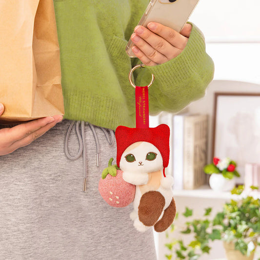 MOFUSAND | Mofusand Plush Mascot with Carabiner Bag Charm Keychain 175×120×75mm (Mofusand Merci Strawberry Fruit Calico Cat Red)