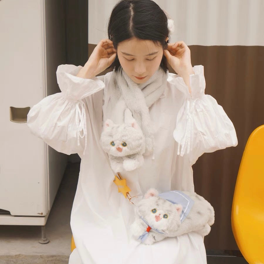 Mewji♡ Fluffy Mascot Scarf 90*13Cm 妙吉猫 猫咪造型 软软茸茸可爱围巾 Gy 银渐层
