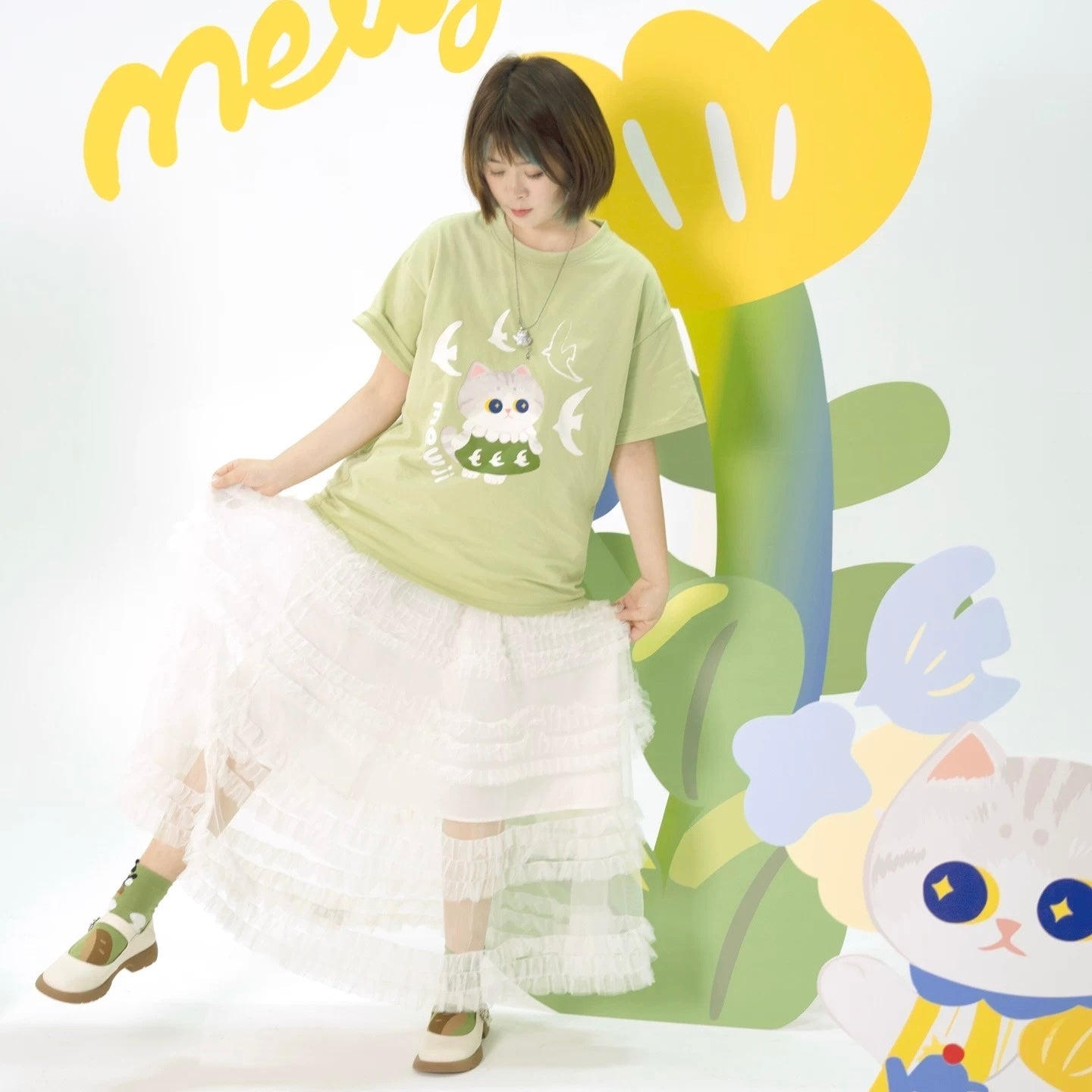 MEWJI♡ Cat Tee T-shirt (Avocado Green)