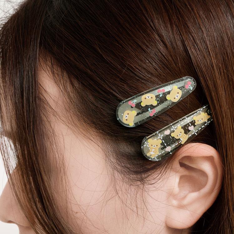 SAN-X | Rilakkuma Hair Clip HairPin Set of Two Clear Different Colors with Glitter 20 x 55 mm (Cherry Heart)