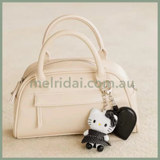 and St Me% x Sanrio Hello Kitty | Mini Mascot Holder Plush Keychain 13cm 5th Ver. (Pearl & Polka Dot Dress Black)
