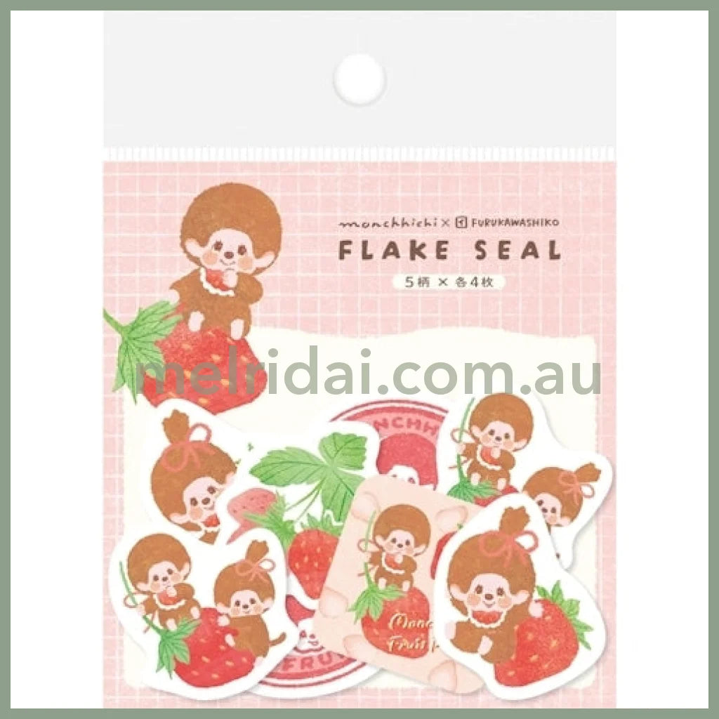【Made in Japan】Monchhichi x Furukawashiko | Flake Seal Sticker 4 Types x 5 Each (Strawberry)
