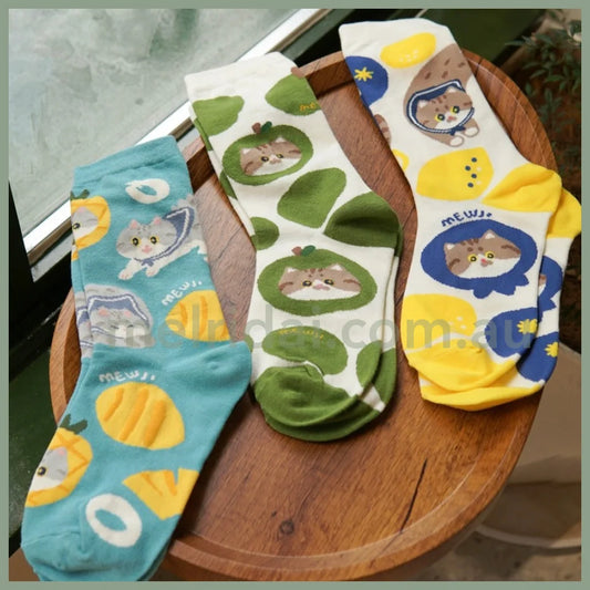 Mewji Cat Socks Set 3 Pieces (Fruits) Free Size 23-26Cm