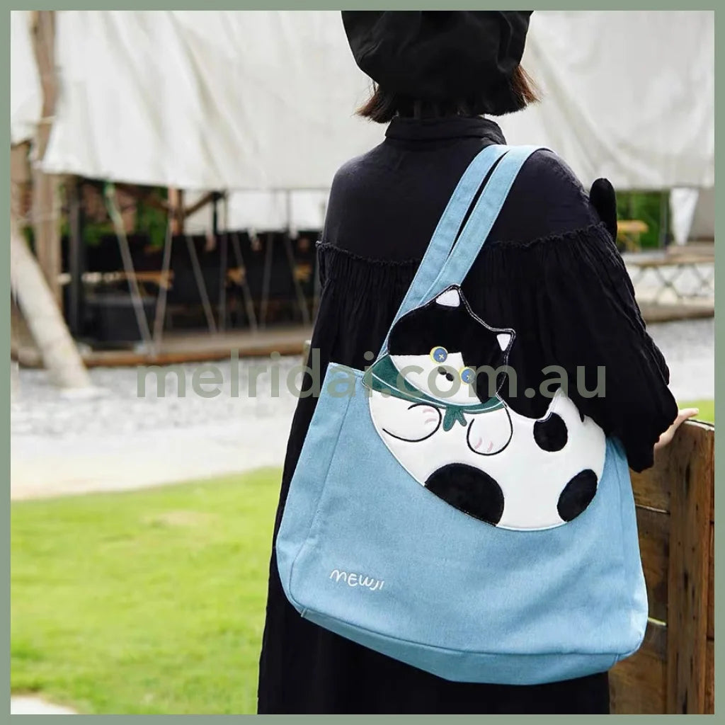 Mewji♡ Cat Tail Tote Bag (Bl) 妙吉猫 日系猫咪 黑白奶牛猫大尾巴单肩包/托特包