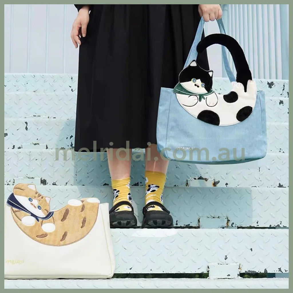 Mewji♡ Cat Tail Tote Bag (Bl) 妙吉猫 日系猫咪 黑白奶牛猫大尾巴单肩包/托特包