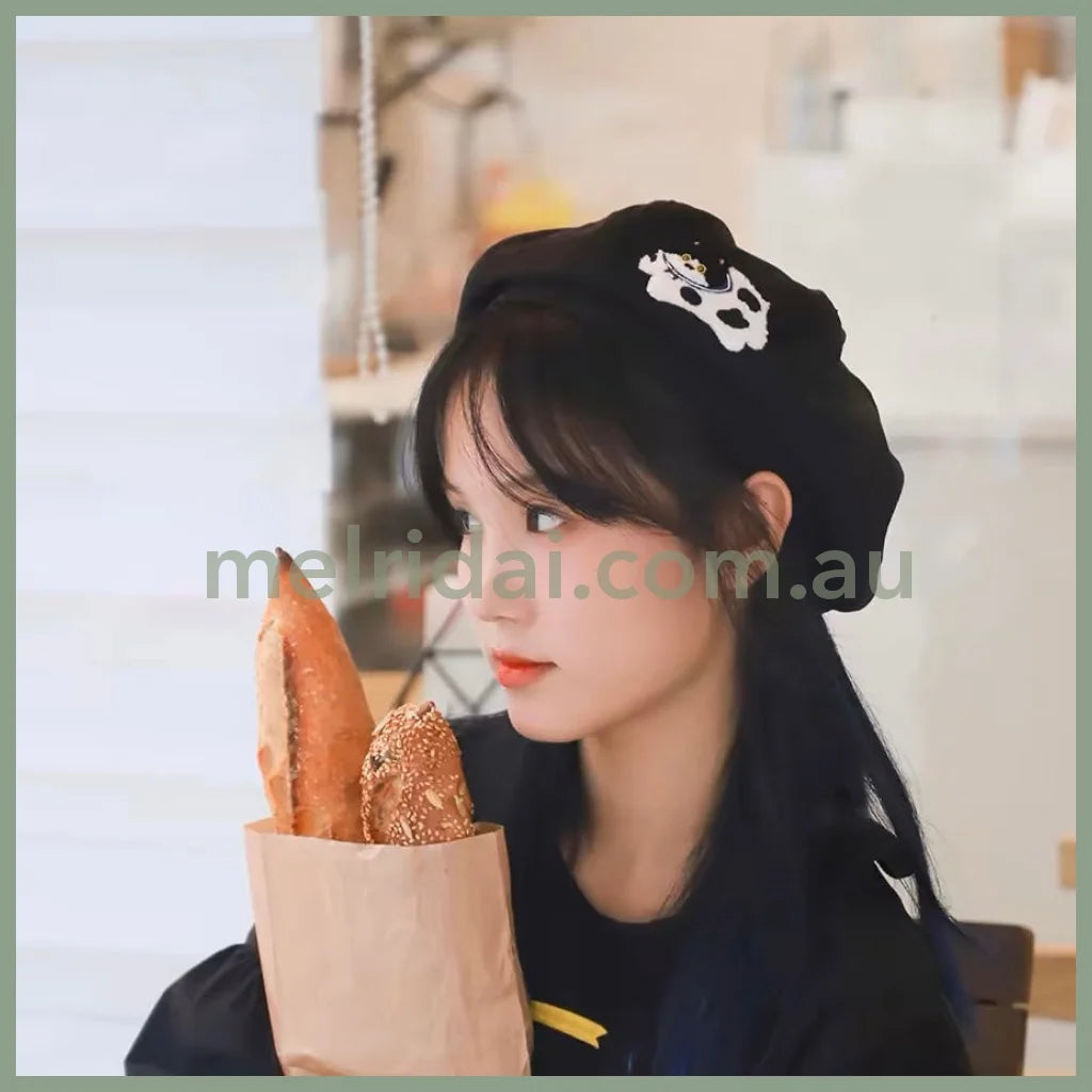 Mewji♡ Embroidered Beret M (56-58Cm) 妙吉猫 日系刺绣贝雷帽/画家八角帽 Black