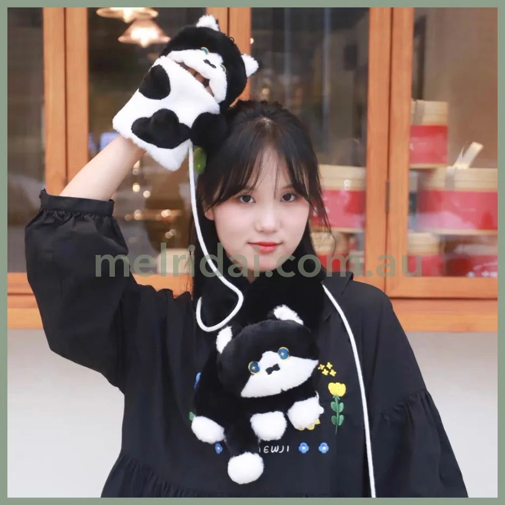 Mewji♡ Fluffy Mascot Scarf 90*13Cm 妙吉猫 猫咪造型 软软茸茸可爱围巾 Bk 奶牛猫