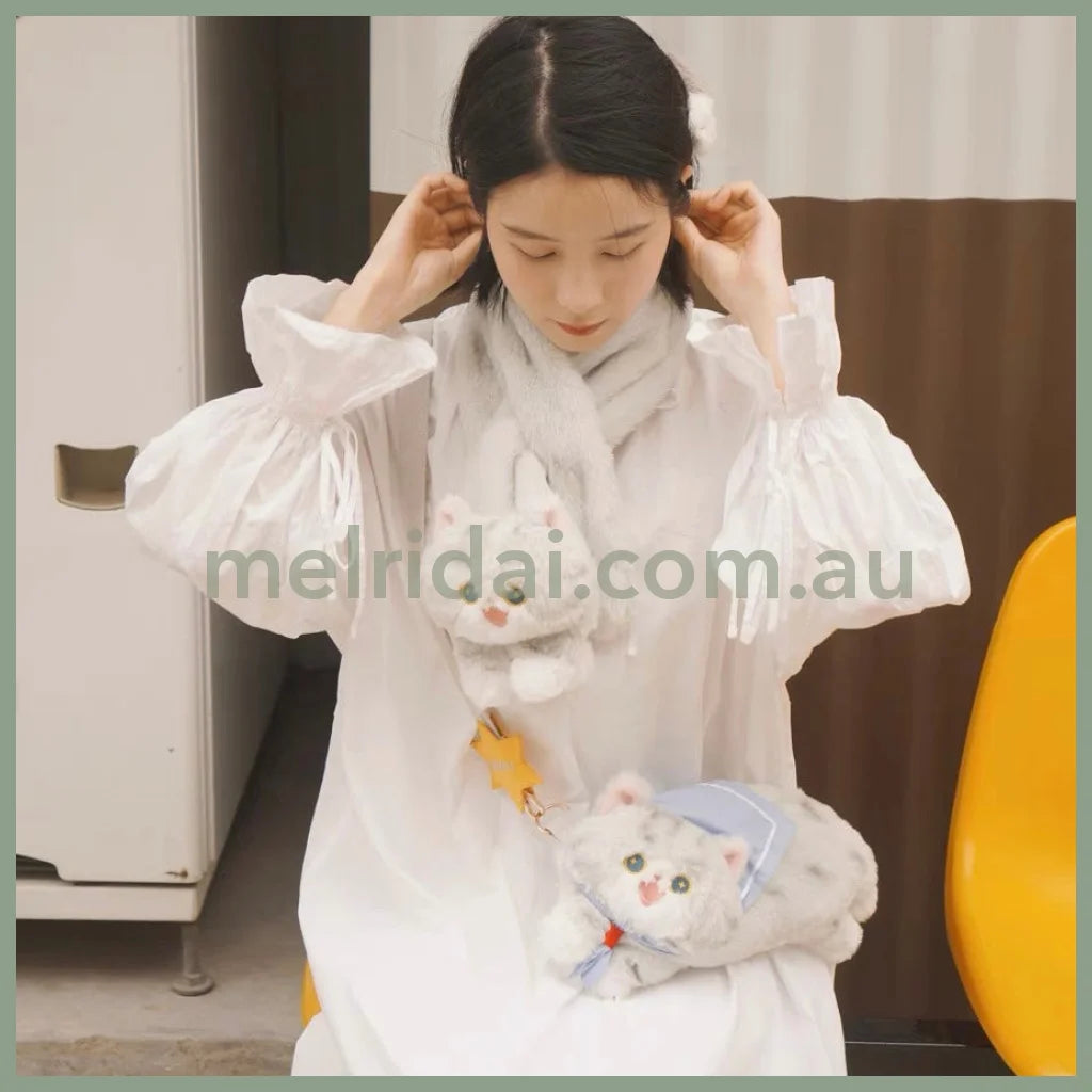 Mewji♡ Fluffy Mascot Scarf 90*13Cm 妙吉猫 猫咪造型 软软茸茸可爱围巾 Gy 银渐层