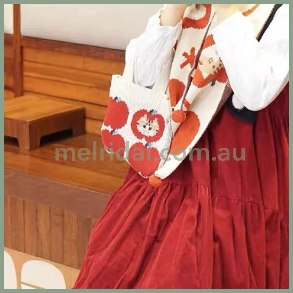 Mewji♡ Knitted Tote Bag Cat S (Apple) 妙吉猫 日系少女 复古苹果 迷你针织手提包/小包