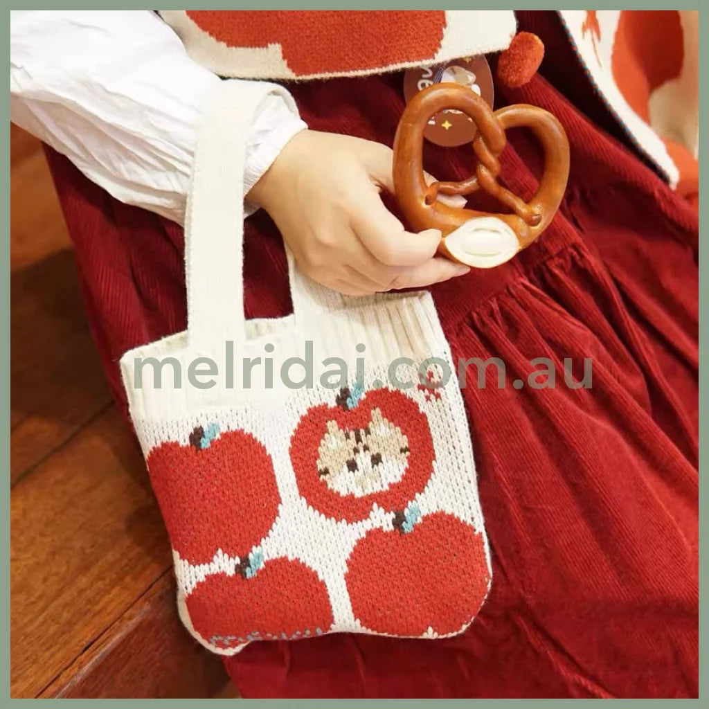 Mewji♡ Knitted Tote Bag Cat S (Apple) 妙吉猫 日系少女 复古苹果 迷你针织手提包/小包