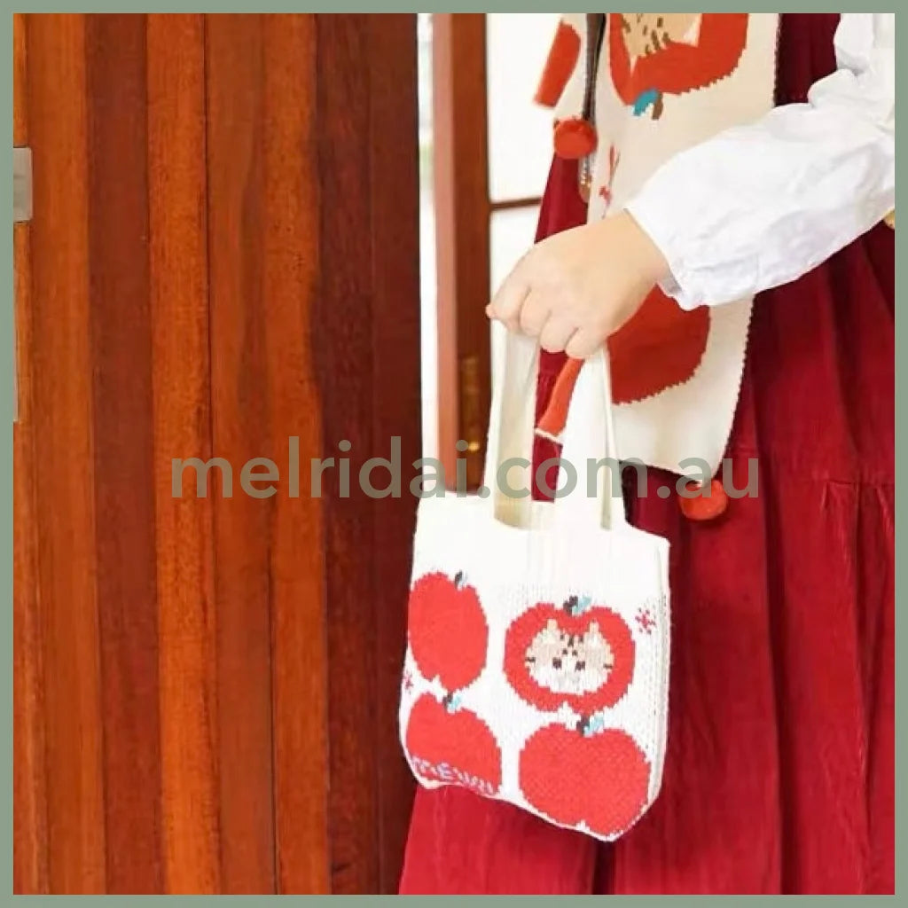 Mewji♡ Knitted Tote Bag Cat S (Apple) 妙吉猫 日系少女 复古苹果 迷你针织手提包/小包