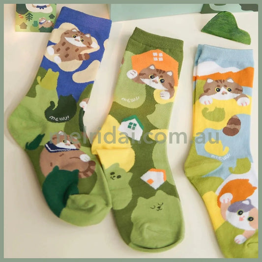 Mewji Socks Set 3 Pieces (Cat Island) Free Size 23-26Cm