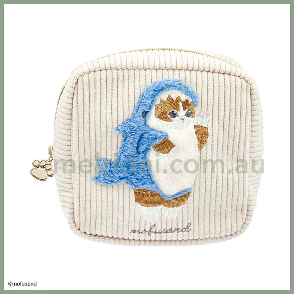 Mofusand | Fluffy Embroidered Cosmetic Pouch H140×W140×D60Mm 猫福 毛绒刺绣 化妆包/收纳包 猫爪拉链 Beige (Shark)