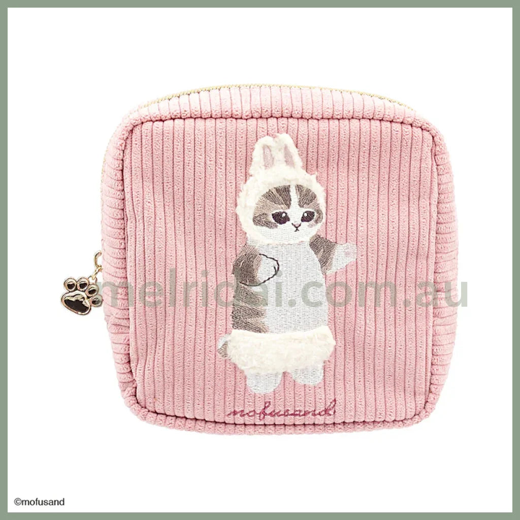 Mofusand | Fluffy Embroidered Cosmetic Pouch H140×W140×D60Mm 猫福 毛绒刺绣 化妆包/收纳包 猫爪拉链 Pink (Rabbit)