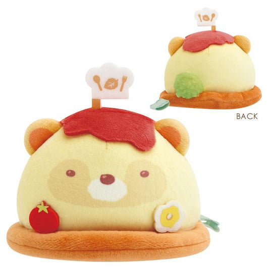 SAN-X | Sumikko Gurashi Neko 60 x 65 x 55mm & Omelet Rice 90 x 125 x 90mm Collectible Plush (Raccoon Tanuki Round Restaurant)