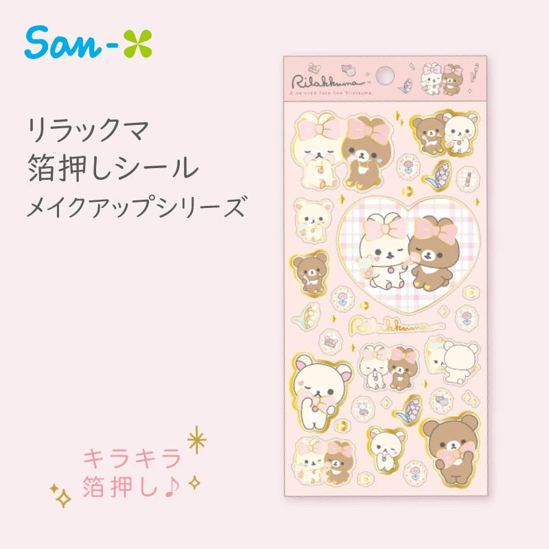 SAN-X | Chairoikoguma & Korilakkuma Gold Foil Clear Seal Sticker 200×95mm (Makeup Rilakkuma)