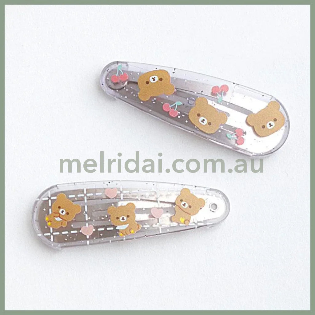 SAN-X | Rilakkuma Chairoikoguma Hair Clip HairPin Set of Two Clear Different Colors with Glitter 20 x 55 mm (Cherry