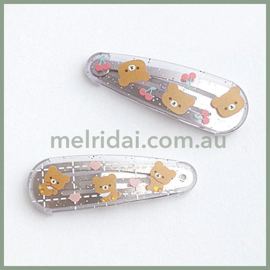 SAN-X | Rilakkuma Chairoikoguma Hair Clip HairPin Set of Two Clear Different Colors with Glitter 20 x 55 mm (Cherry