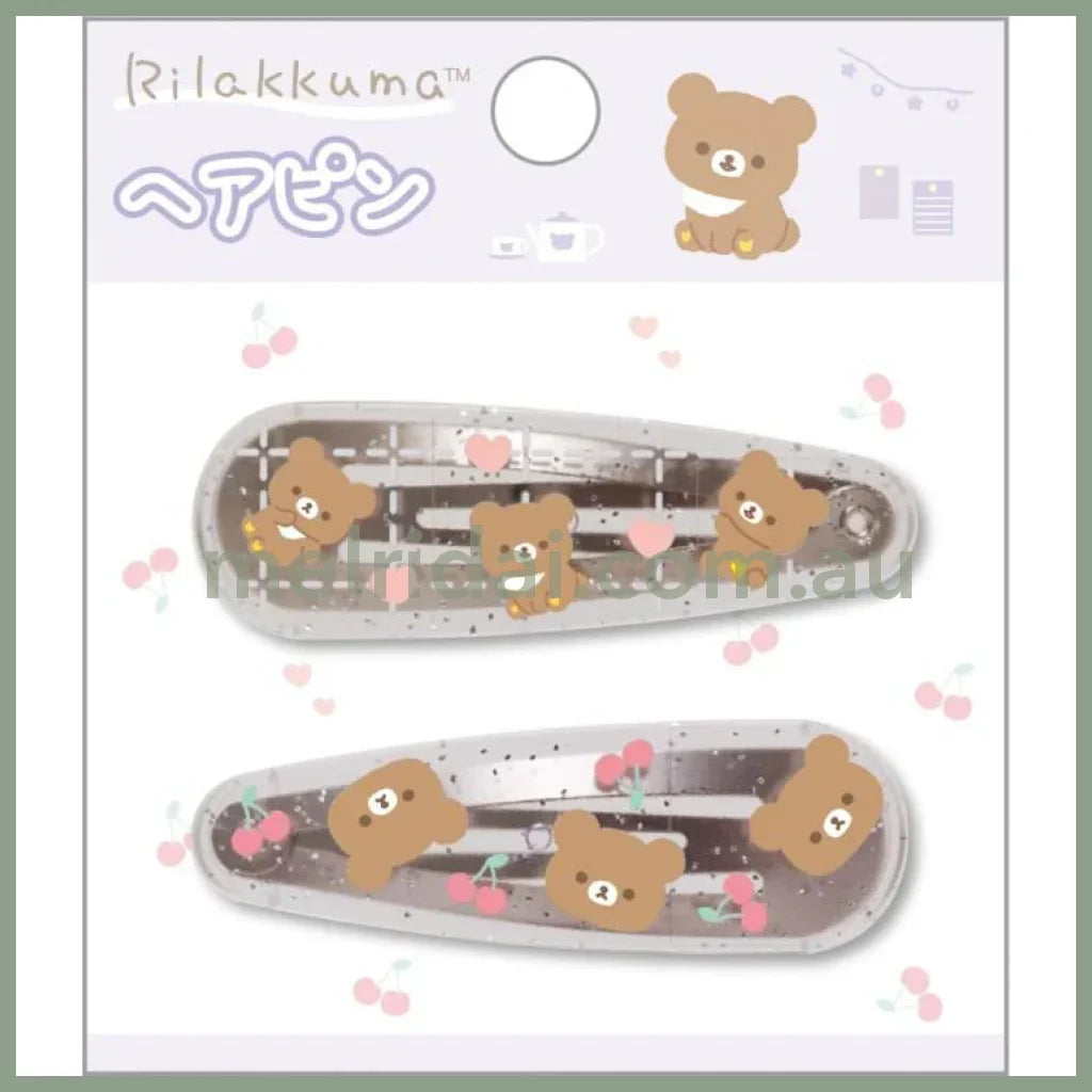 SAN-X | Rilakkuma Chairoikoguma Hair Clip HairPin Set of Two Clear Different Colors with Glitter 20 x 55 mm (Cherry
