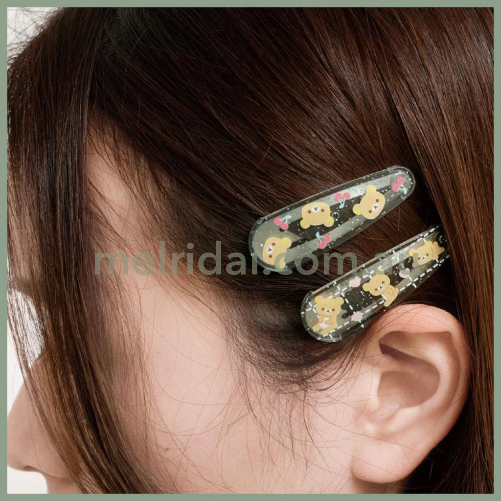 SAN-X | Rilakkuma Hair Clip HairPin Set of Two Clear Different Colors with Glitter 20 x 55 mm (Cherry Heart)