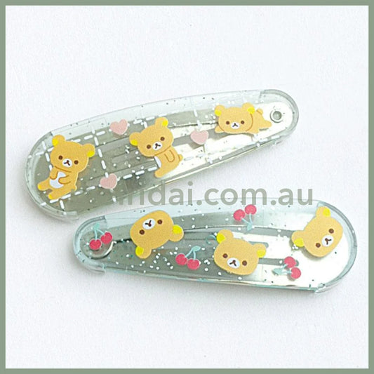 SAN-X | Rilakkuma Hair Clip HairPin Set of Two Clear Different Colors with Glitter 20 x 55 mm (Cherry Heart)