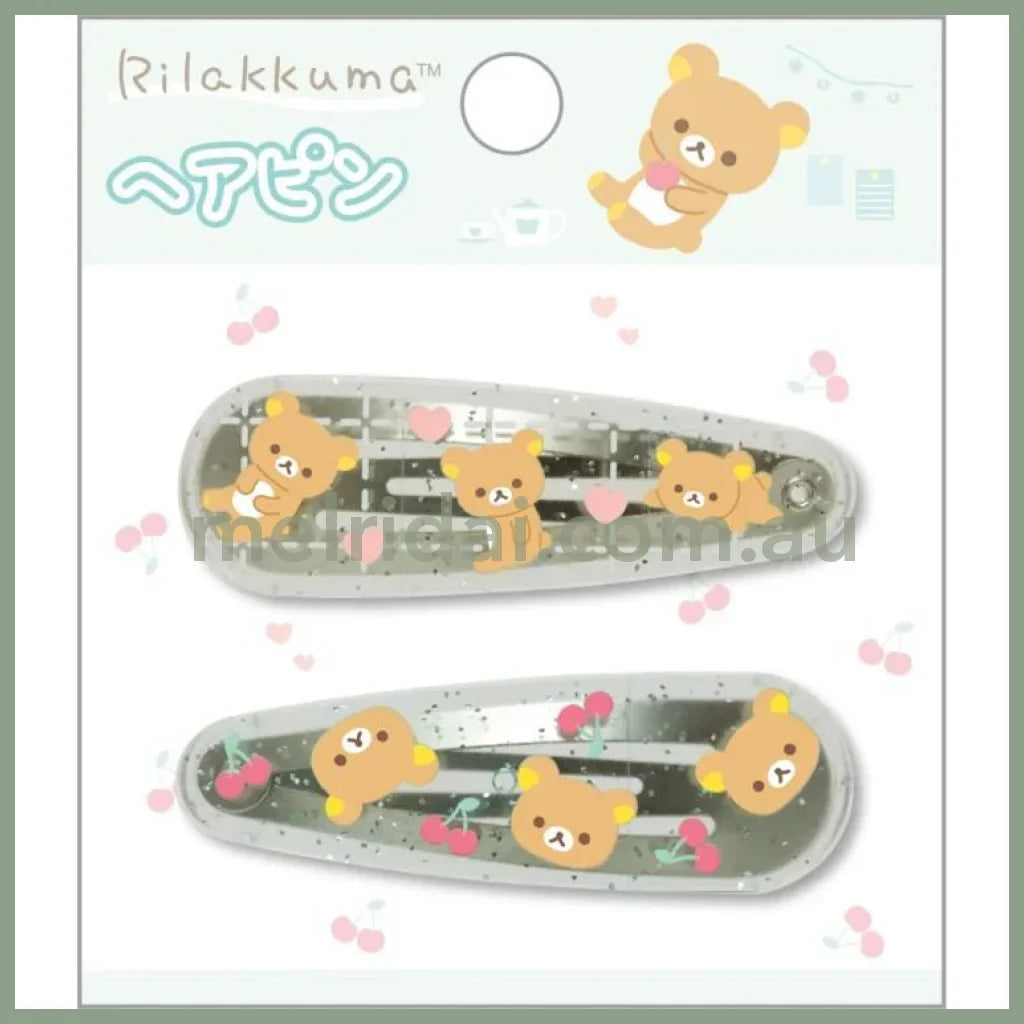 SAN-X | Rilakkuma Hair Clip HairPin Set of Two Clear Different Colors with Glitter 20 x 55 mm (Cherry Heart)