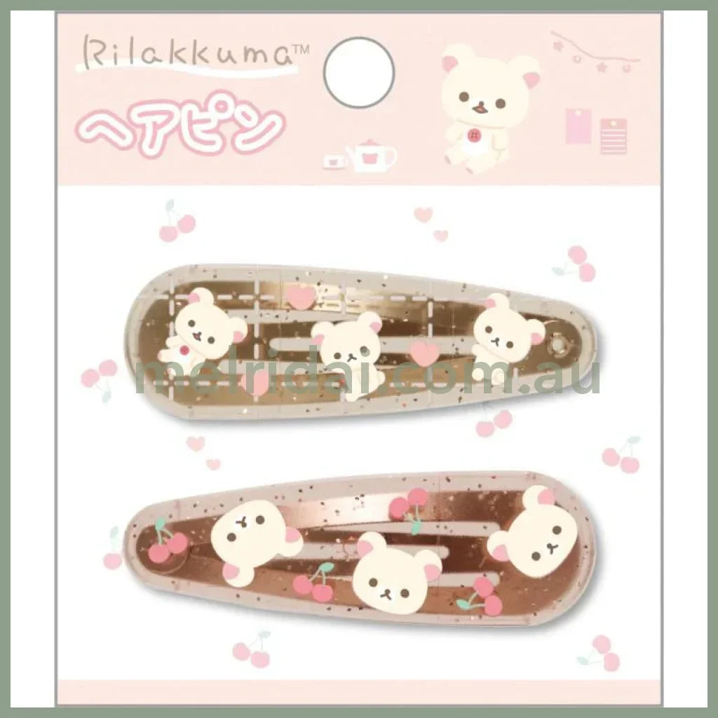 SAN-X | Rilakkuma Korilakkuma Hair Clip HairPin Set of Two Clear Different Colors with Glitter 20 x 55 mm (Cherry Heart)