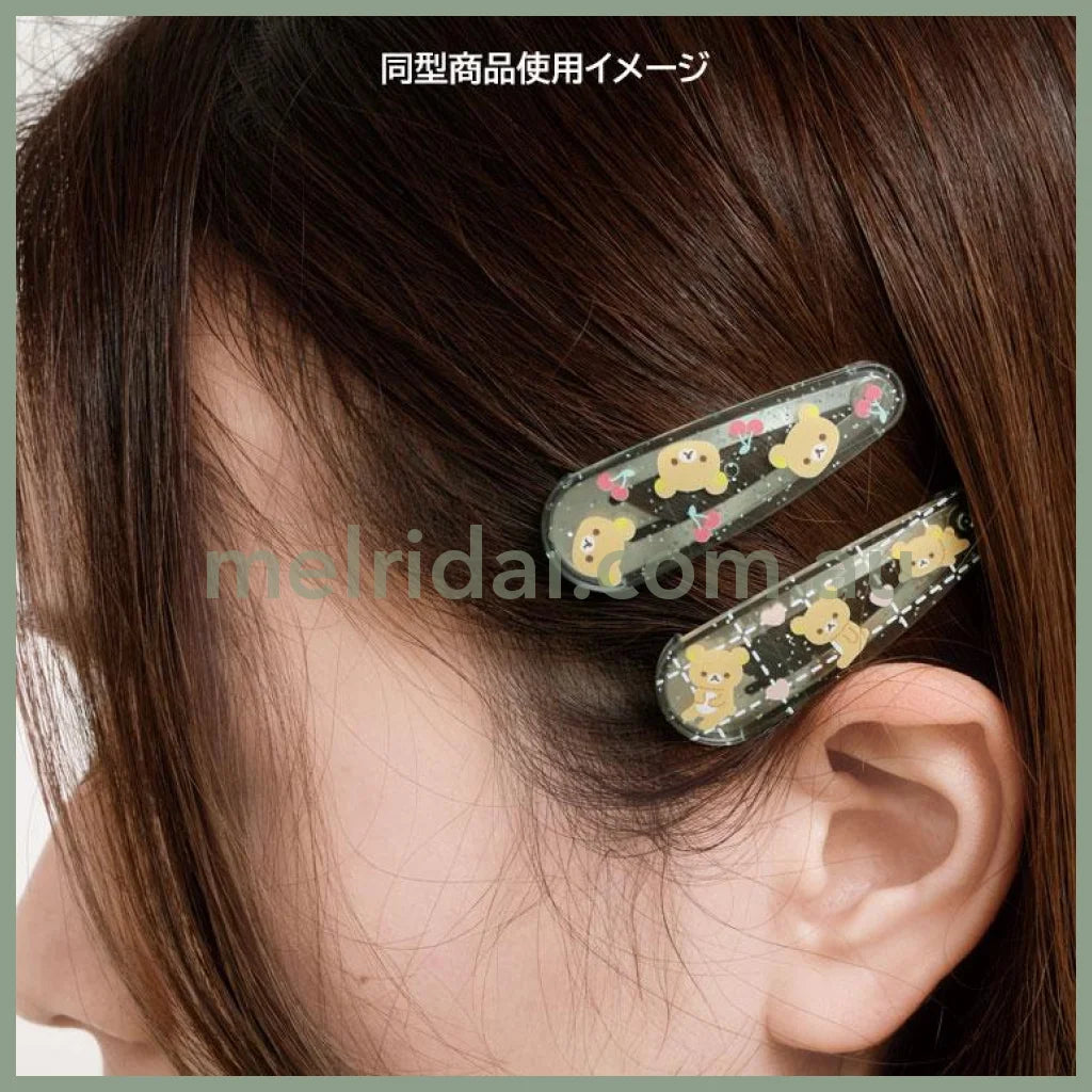 SAN-X | Rilakkuma Korilakkuma Hair Clip HairPin Set of Two Clear Different Colors with Glitter 20 x 55 mm (Cherry Heart)