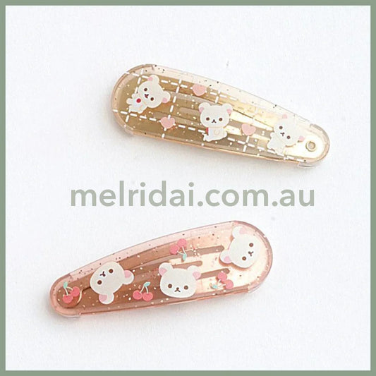 SAN-X | Rilakkuma Korilakkuma Hair Clip HairPin Set of Two Clear Different Colors with Glitter 20 x 55 mm (Cherry Heart)