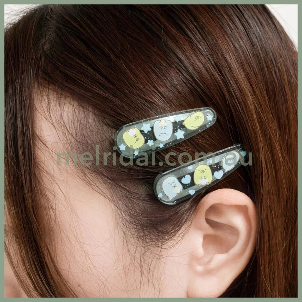 SAN-X | Sumikko Gurashi Penguin ? & Tokage Lizard Hair Clip HairPin Set of Two Clear Different Colors with Glitter 20 x