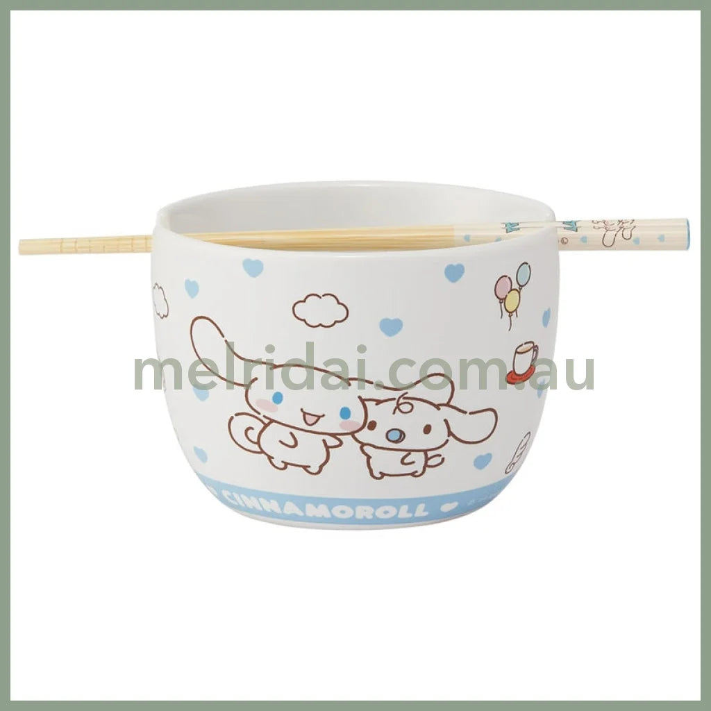 SANRIO | Cinnamoroll Ceramic Bowl 600ml and Bamboo chopsticks Set 21cm (Bowl - Dishwasher Safe)