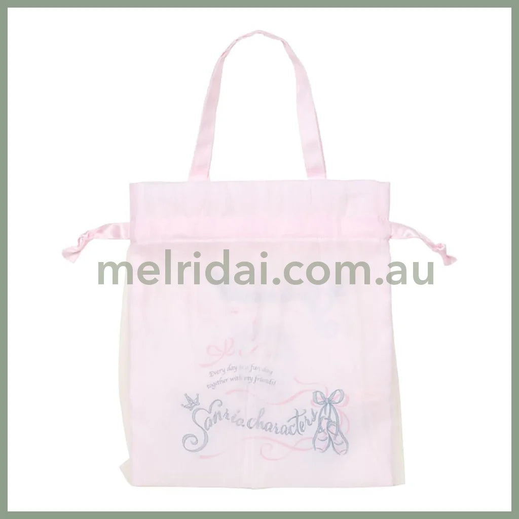 SANRIO | Drawstring Bag with Handle Cinnamoroll & Hello Kitty & My Melody 21 x 0.5 x 24cm (White Cat Ballerina)
