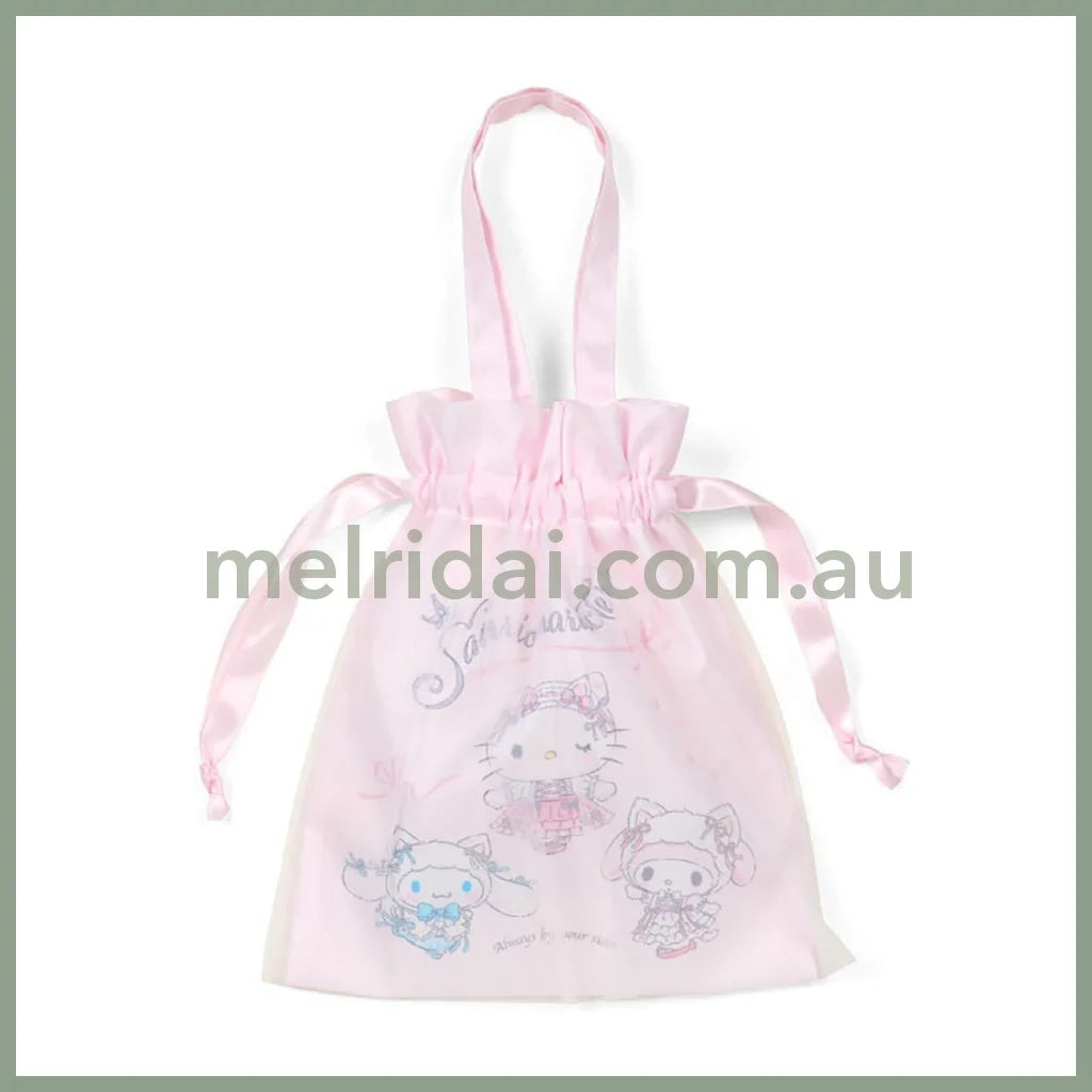 SANRIO | Drawstring Bag with Handle Cinnamoroll & Hello Kitty & My Melody 21 x 0.5 x 24cm (White Cat Ballerina)
