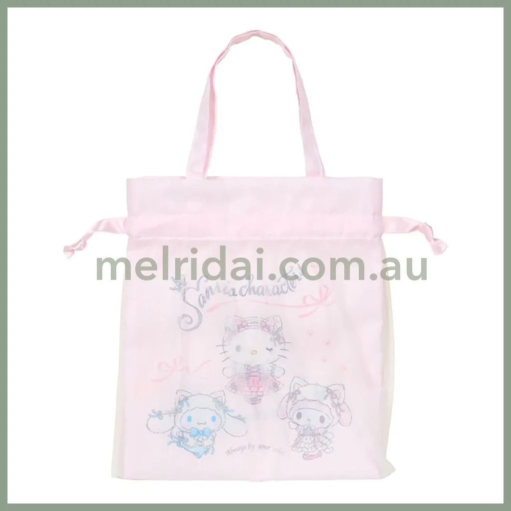 SANRIO | Drawstring Bag with Handle Cinnamoroll & Hello Kitty & My Melody 21 x 0.5 x 24cm (White Cat Ballerina)
