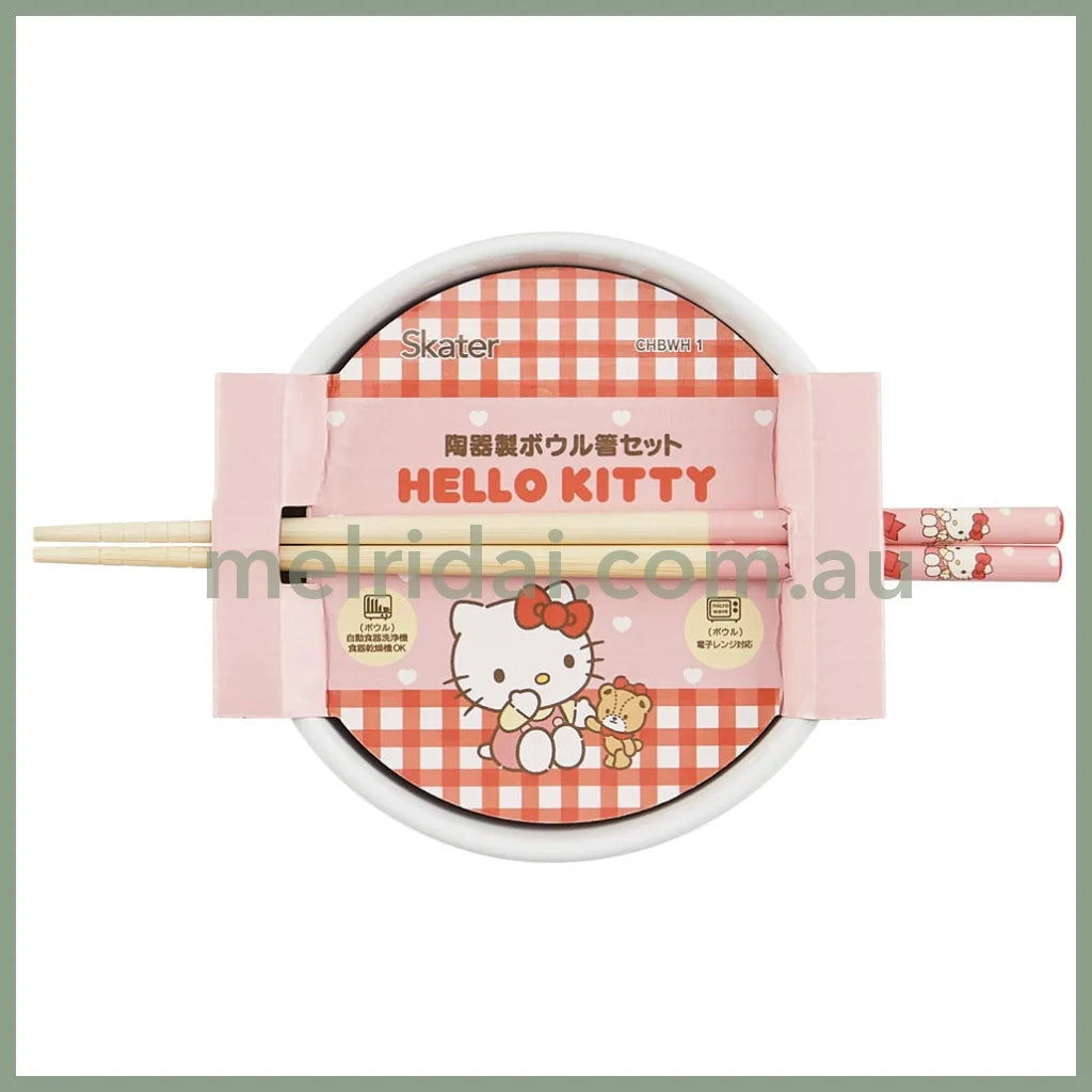 SANRIO | Hello Kitty Ceramic Bowl 600ml and Bamboo chopsticks Set 21cm (Bowl - Dishwasher Safe)