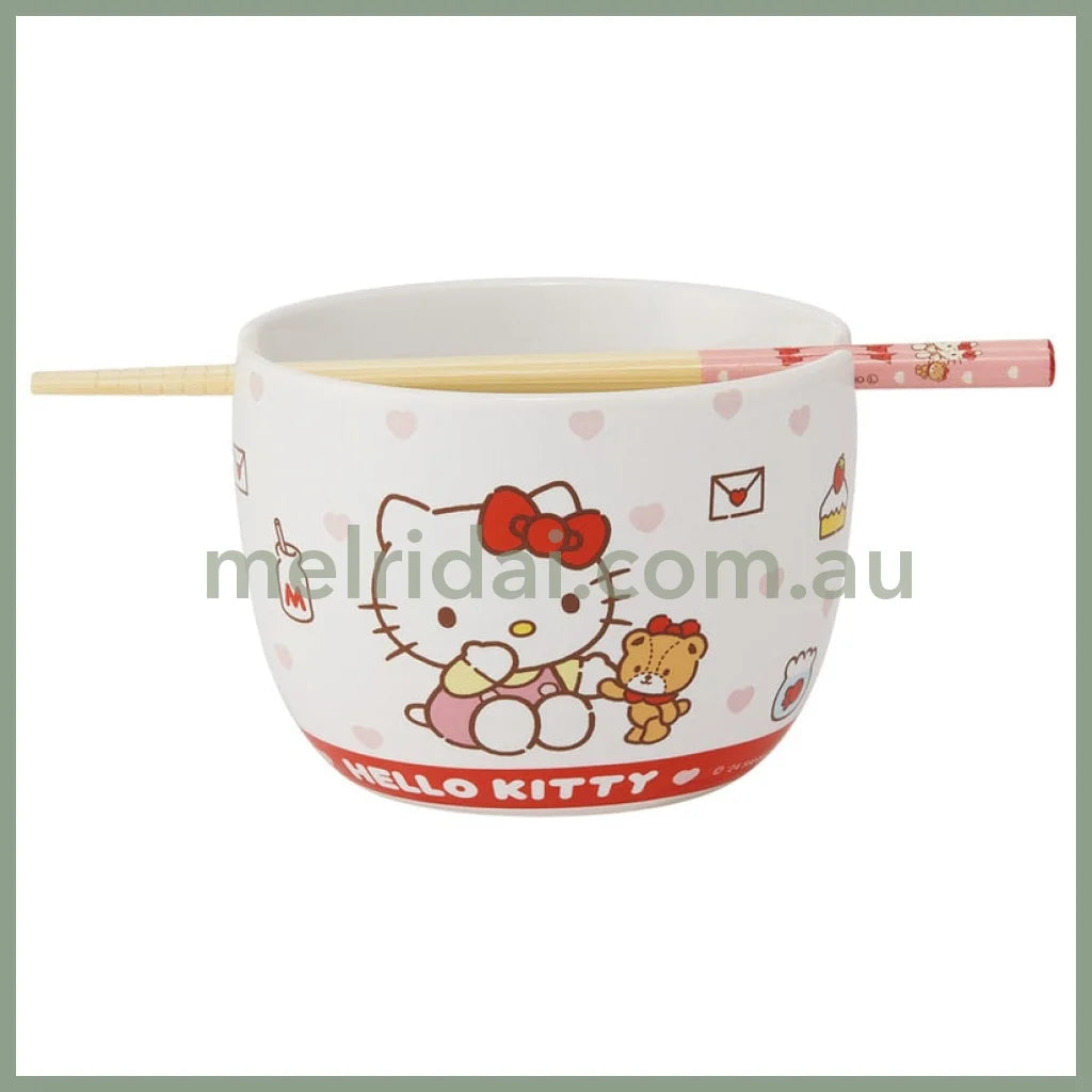 SANRIO | Hello Kitty Ceramic Bowl 600ml and Bamboo chopsticks Set 21cm (Bowl - Dishwasher Safe)