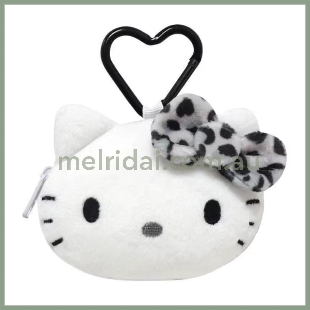 SANRIO | Hello Kitty Face-shaped mini Pouch with Carabiner Plush Keychain Bag Charm H75×W95×D30mm (Leopard Grey)