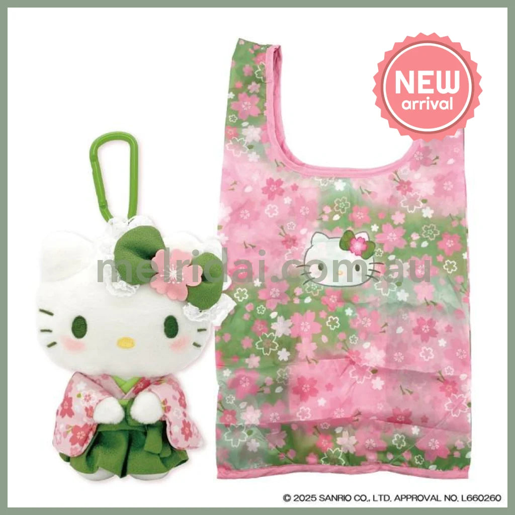 SANRIO | Hello Kitty Foldable Eco-bag Shopping Bag 480x270x160mm Keychain Bag Charm 145x100x75mm(Matcha Kimono)