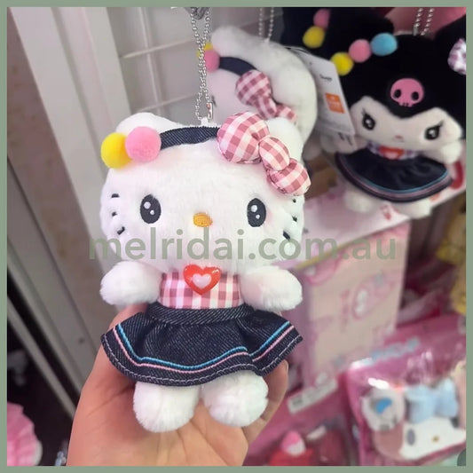 SANRIO | Hello Kitty Mascot Holder Plush Keychain Bag Charm 14×10.5×7.5cm (Gingham Denim)