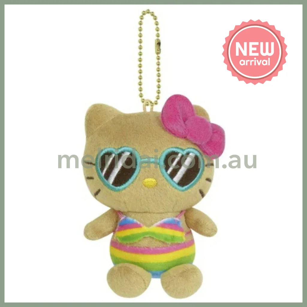 SANRIO | Hello Kitty Mascot Holder Plush Keychain Bag Charm H72×W100×D54mm (Tan Swimsuit Party Sunglasses)