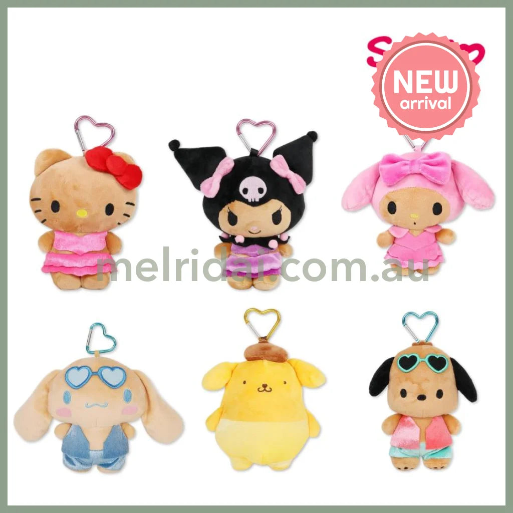 SANRIO | Hello Kitty Mini Plush Pouch with Carabiner Keychain Bag Charm 150mm Approx. (Tan Swimsuit Party)