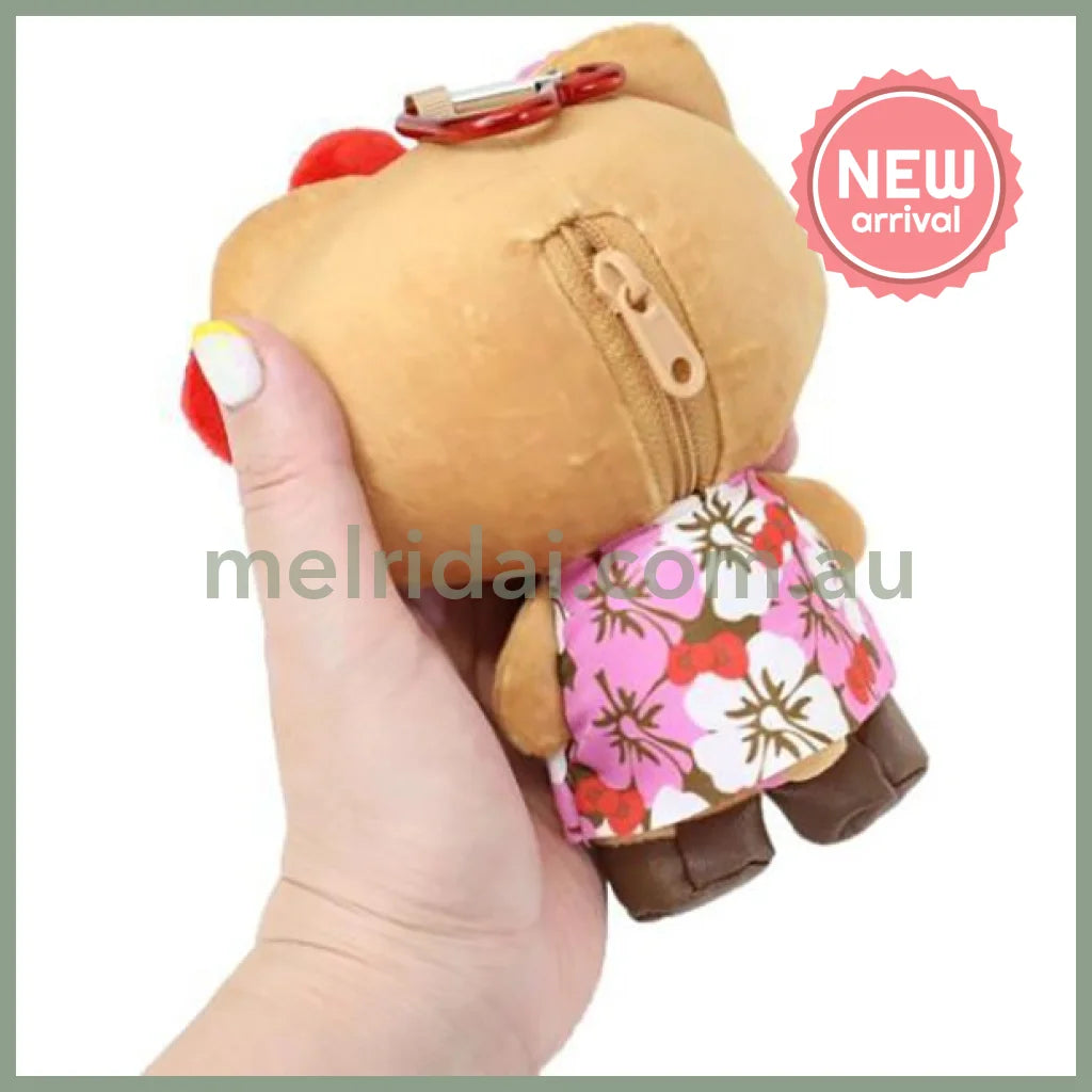 SANRIO | Hello Kitty Tanned Mini Plush Pouch with Carabiner 90×150mm (Retro Heisei Kogal Hibiscus)