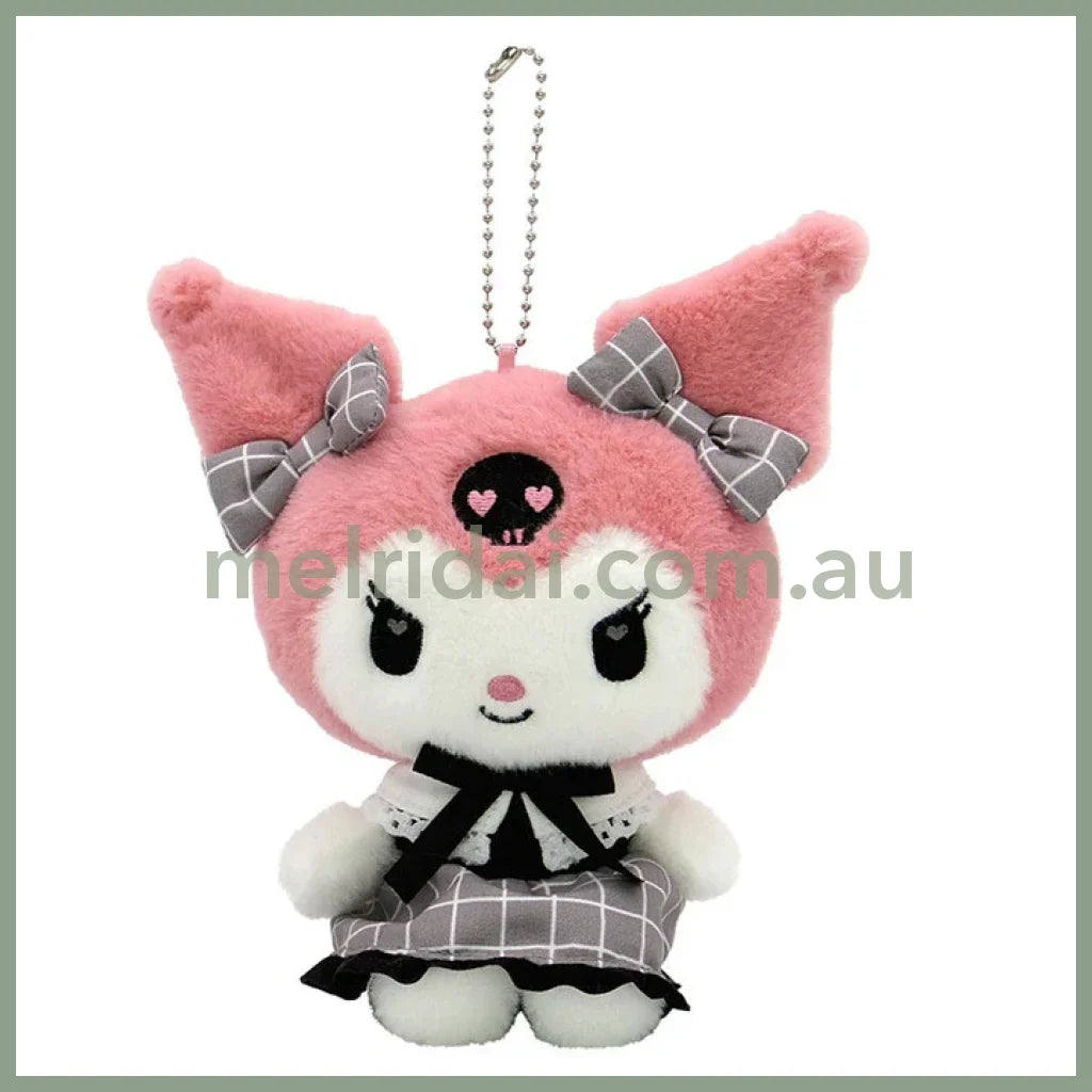 SANRIO | Kuromi Bag Charm Plush Keychain Mascot Holder 90x155x120mm (Gray Pink Grid Dress)