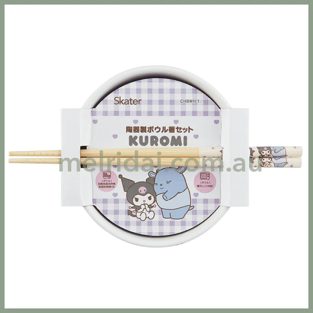 SANRIO | Kuromi Ceramic Bowl 600ml and Bamboo chopsticks Set 21cm (Bowl - Dishwasher Safe)