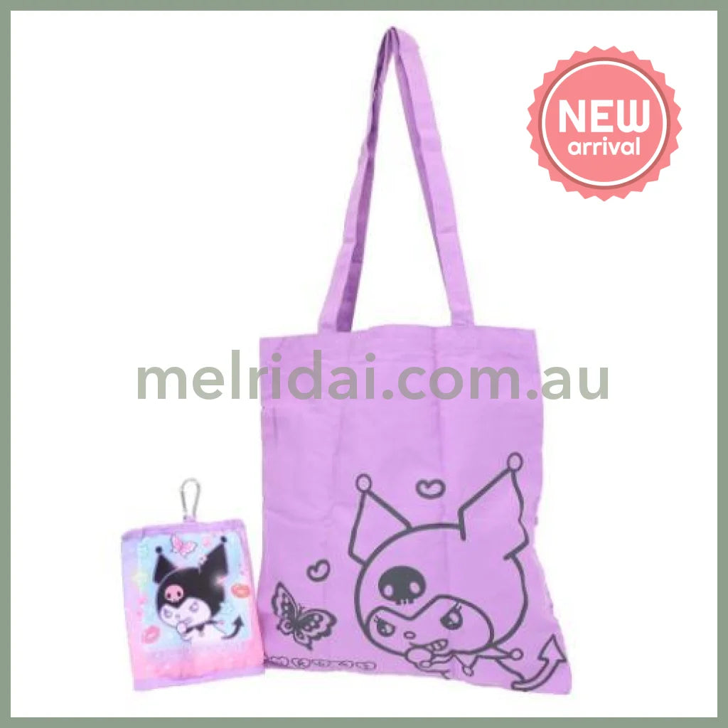 SANRIO | Kuromi Foldable Tote Bag With Pouch Carabiner (Heart pounding Memories Heisei Retro)