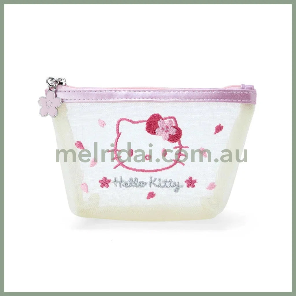 Sanrio | Pochette Mesh Pouch 5 X 15 9 Cm (Sakura Series) 日本三丽鸥 刺绣透明网纱零钱包/小包/收纳包(樱花系列)