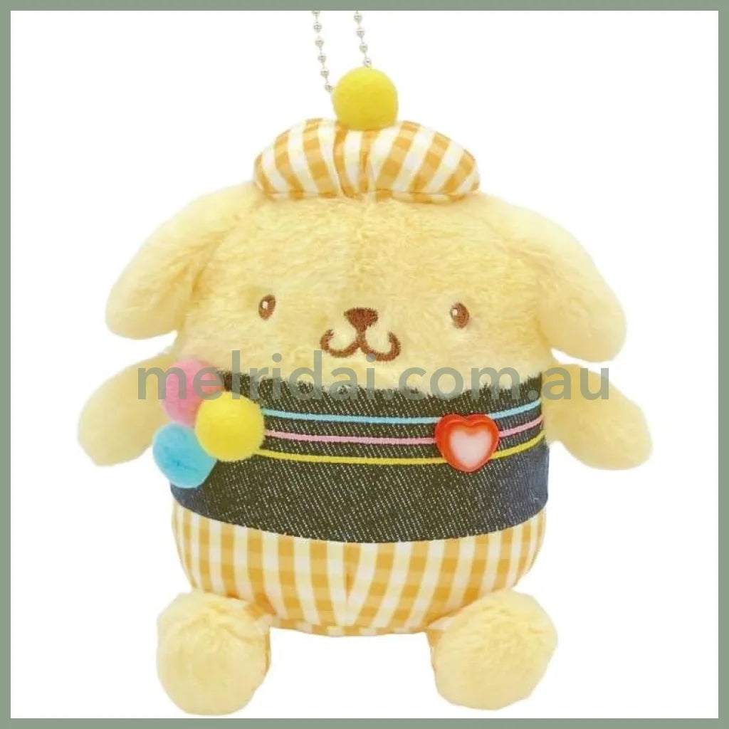 SANRIO | Pompompurin Pom Pom Purin Mascot Holder Plush Keychain Bag Charm 14×15×12cm (Gingham Denim)